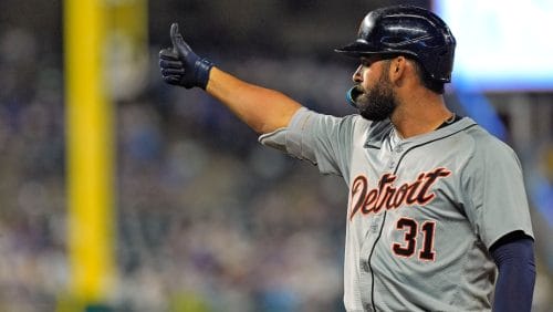 Detroit Tigers' Riley Greene celebrates on first after hitting an RBI single during the 10th inning of a baseball game against the Kansas City RoyalsTuesday, Sept. 17, 2024, in Kansas City, Mo. The Tigers won 3-1 in ten innings.