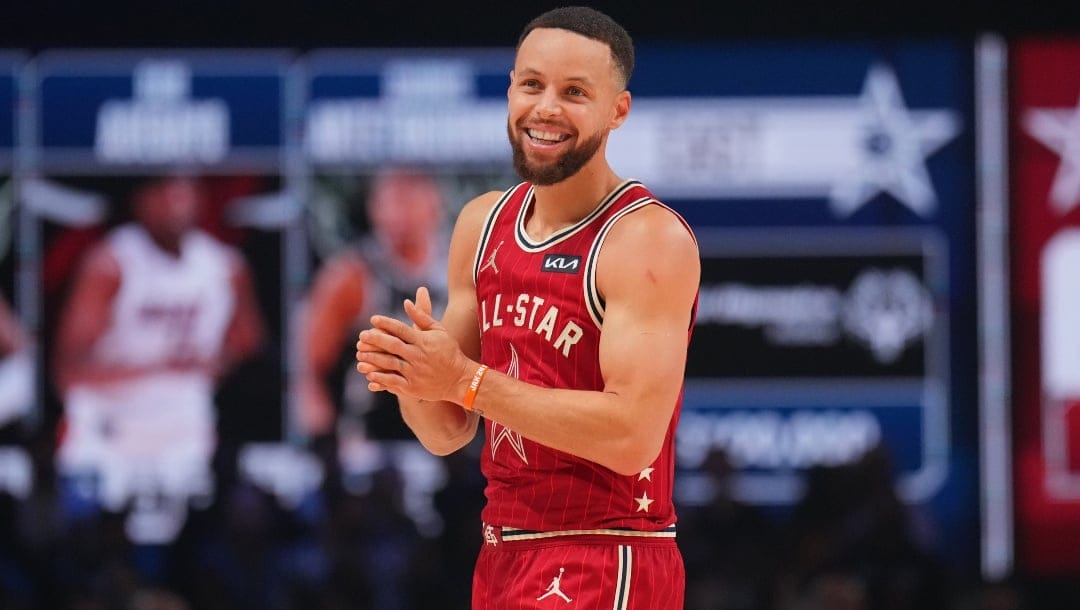 Stephen Curry #0 of the Western Conference smiles during the NBA All-Star Game as part of NBA All-Star Weekend on Sunday, February 18, 2024 at Gainbridge Fieldhouse in Indianapolis, Indiana.