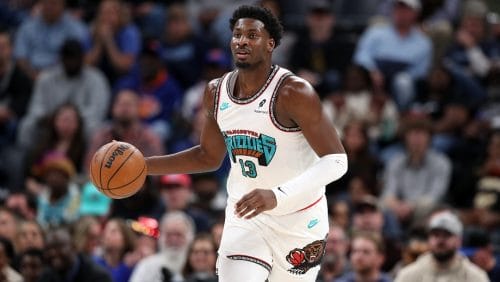 Jaren Jackson Jr. #13 of the Memphis Grizzlies brings the ball up court during the game against the LA Clippers at FedExForum on December 23, 2024 in Memphis, Tennessee.