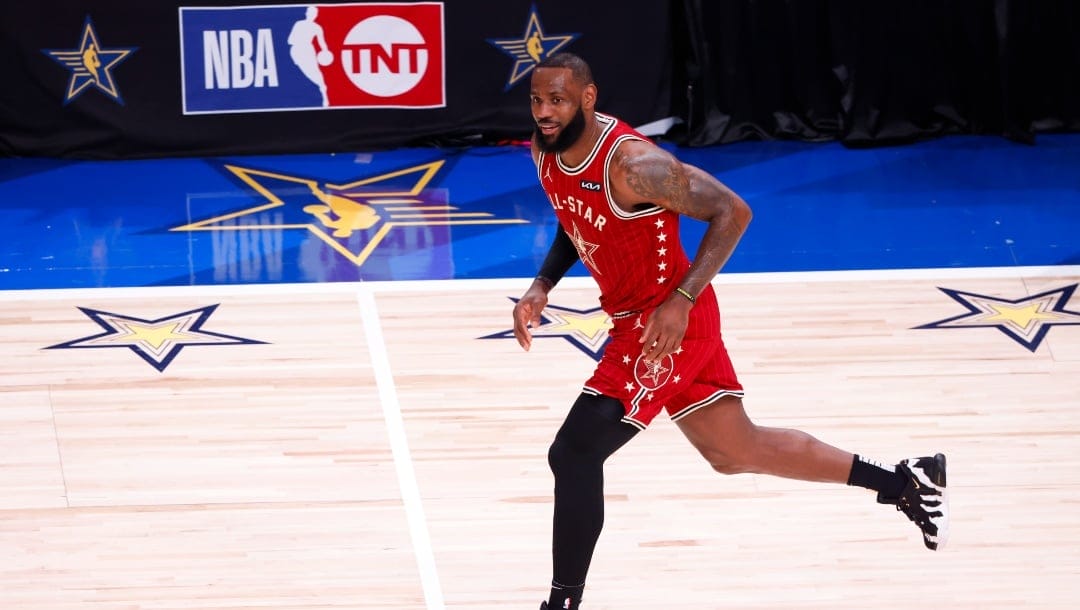 LeBron James #23 of the Los Angeles Lakers and Western Conference All-Stars reacts in the second quarter against the Eastern Conference All-Stars during the 2024 NBA All-Star Game at Gainbridge Fieldhouse on February 18, 2024 in Indianapolis, Indiana.