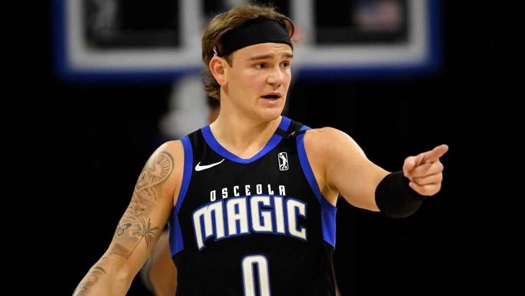 Mac McClung #0 of the Osceola Magic reacts against the College Park Skyhawks during an NBA G-League game on January 28, 2025 at Silver Spurs Arena in Kissimmee, Florida.