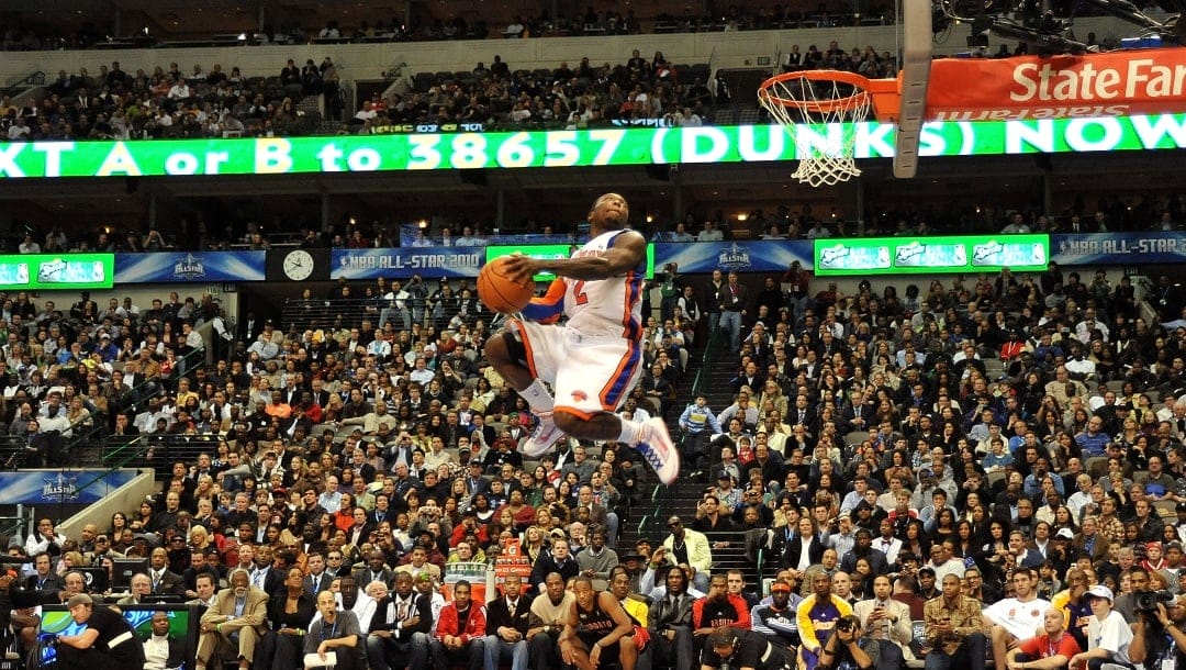 Nate Robinson of the New York Knicks dunks during the Sprite Slam Dunk Contest on All-Star Saturday Night, as part of 2010 NBA All-Star Weekend at American Airlines Center on February 13, 2010 in Dallas, Texas.