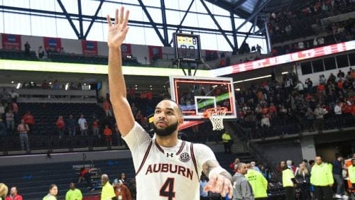 Auburn forward Johni Broome (4) celebrates the win over Mississippi following an NCAA college basketball game in Oxford, Miss., Saturday, Feb. 1, 2025.