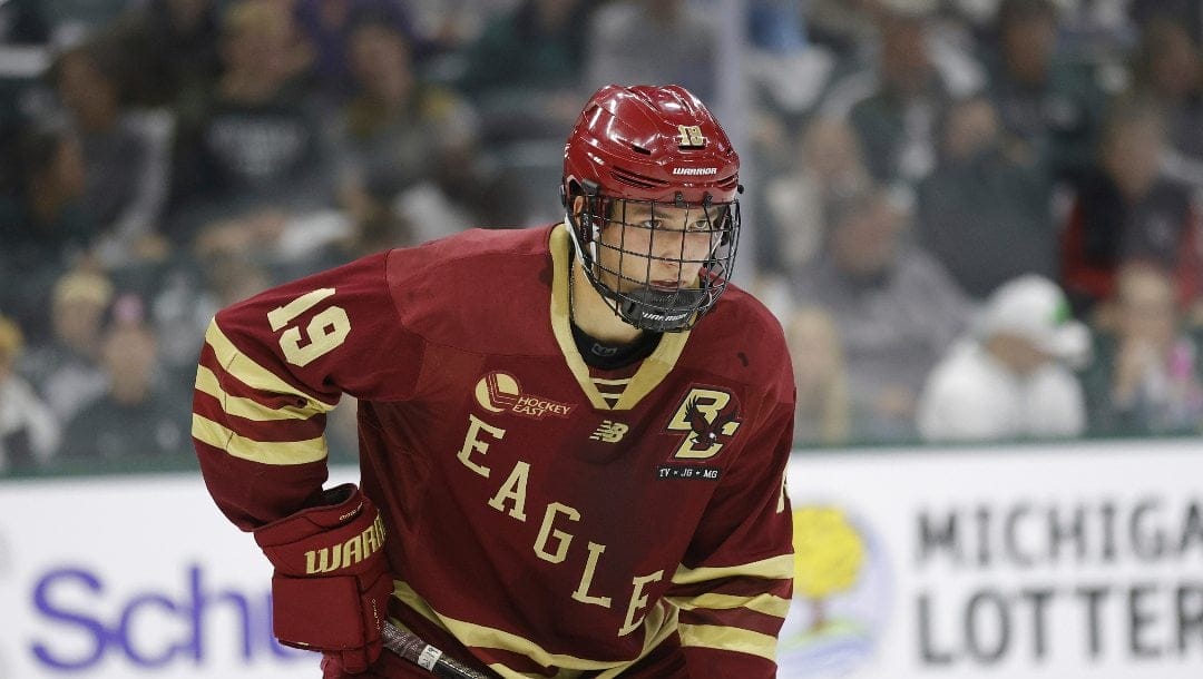 Boston College's Brady Berard plays during an NCAA hockey game on Friday, Oct. 11, 2024, in East Lansing, Mich.