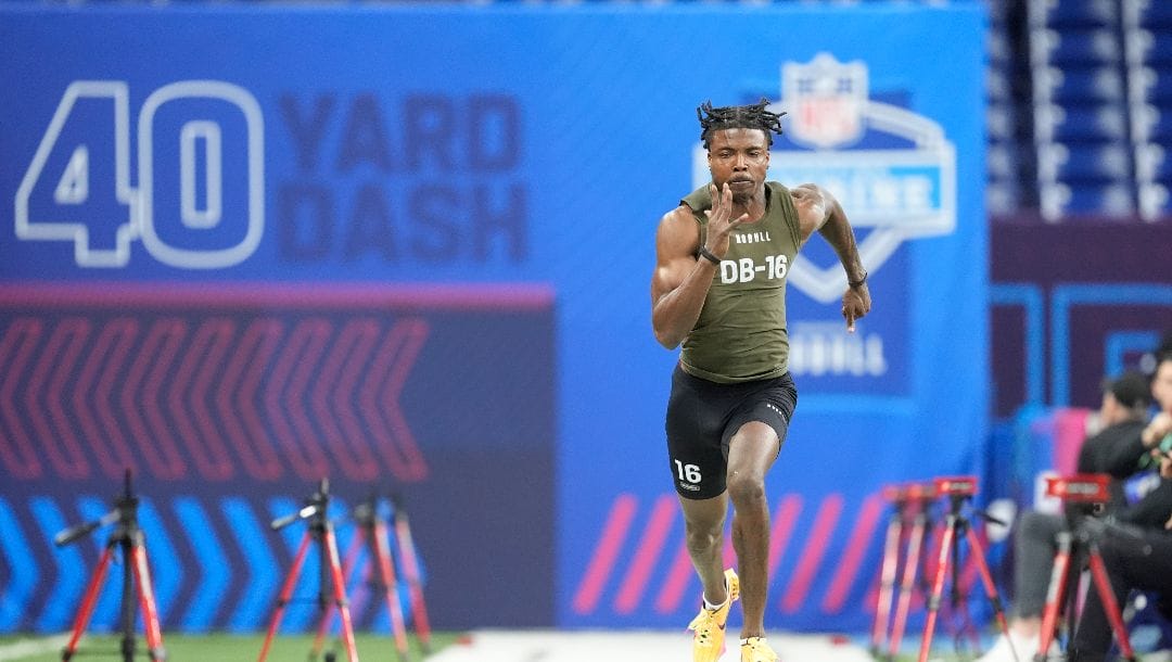 Oregon defensive back Khyree Jackson runs the 40-yard dash at the NFL football scouting combine, Friday, March 1, 2024, in Indianapolis. Minnesota Vikings rookie cornerback Khyree Jackson was killed Saturday morning, July 6, 2024, in a car crash in Maryland, police and the team said.