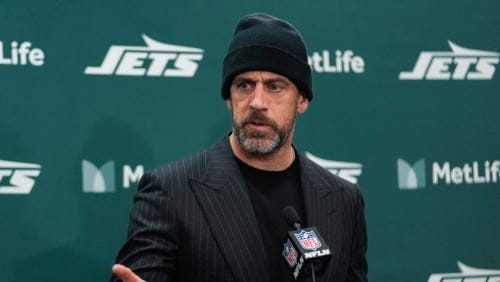 New York Jets quarterback Aaron Rodgers speaks at a news conference after an NFL football game against the Miami Dolphins, Sunday, Jan. 5, 2025, in East Rutherford, N.J. The Jets won 32-20.