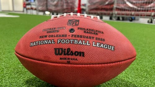 One of the official balls for the NFL Super Bowl football game is seen at the Wilson Sporting Goods football factory, Monday, January 27, 2025, in Ada, Ohio.