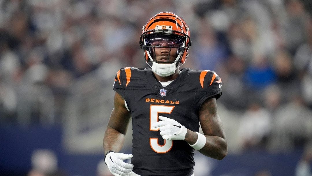 Cincinnati Bengals wide receiver Tee Higgins lines up against the Dallas Cowboys during an NFL football game in Arlington, Texas, Monday, Dec. 9, 2024.