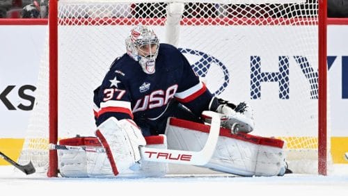 Connor Hellebuyck #37 of Team USA tends net against Team Canada during the first period in the 4 Nations Face-Off game at the Bell Centre on February 15, 2025 in Montreal, Quebec, Canada.