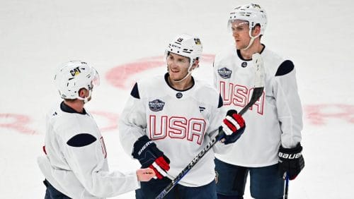 Matthew Tkachuk #19 of the United States chats it up with teammate Jack Eichel #9 during media day ahead of the 2025 NHL 4 Nations Face-Off at the Bell Centre on February 11, 2025 in Montreal, Quebec, Canada.