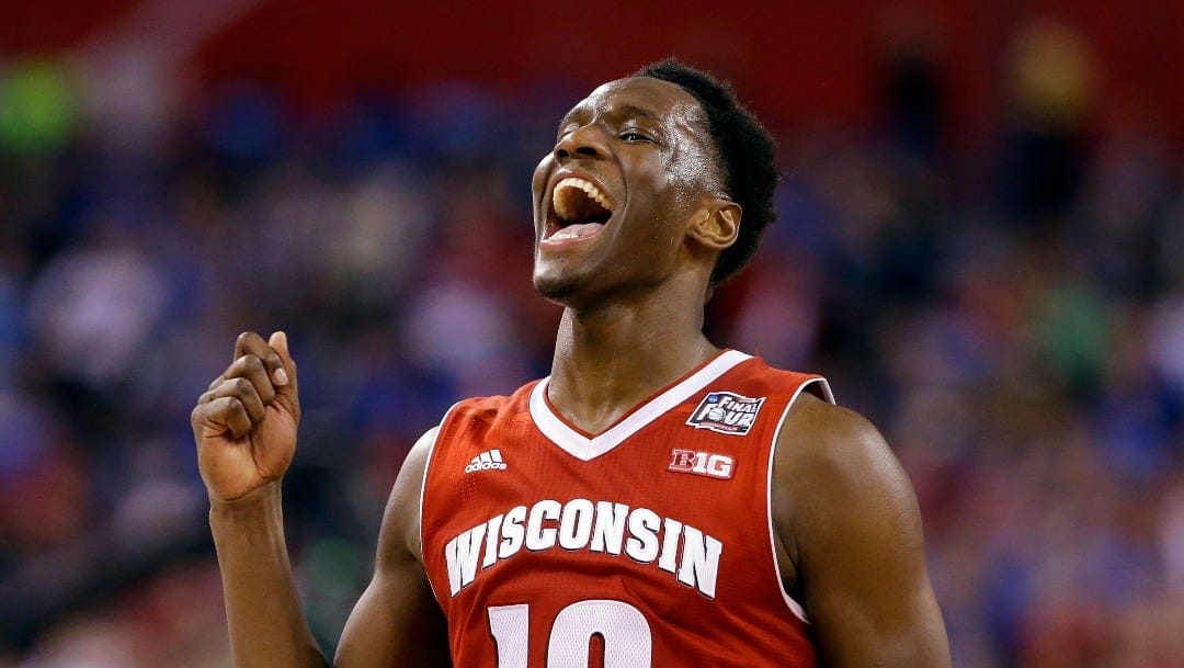 Wisconsin's Nigel Hayes celebrates at the end of an NCAA Final Four tournament college basketball semifinal game against Kentucky Saturday, April 4, 2015, in Indianapolis. Wisconsin won 71-64. (AP Photo/Michael Conroy)