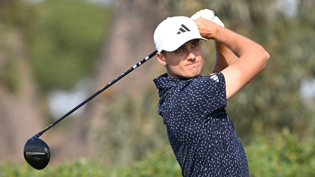 Ludvig Aberg hits his tee shot on the fifth hole on the South Course at Torrey Pines during the third round of the Farmers Insurance Open golf tournament Friday, Jan. 24, 2025, in San Diego.