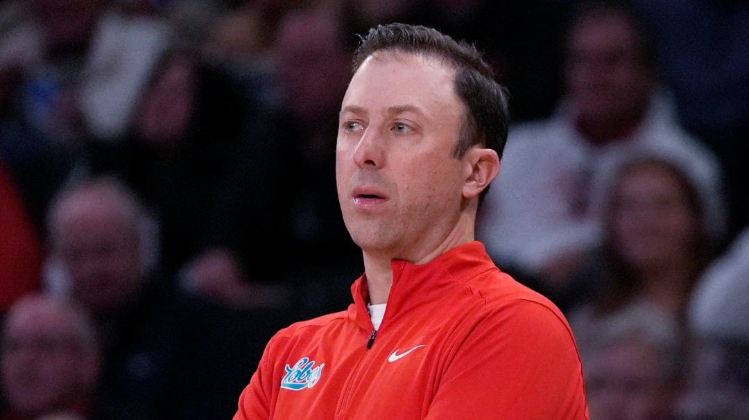 New Mexico head coach Richard Pitino stands on the court during the first half of an NCAA college basketball game against St. John's, Sunday, Nov. 17, 2024, in New York. (AP Photo/Pamela Smith)