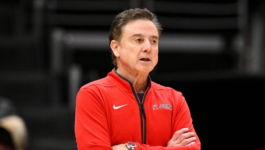 St. John's head coach Rick Pitino in action during the first half of an NCAA college basketball game against Georgetown, Tuesday, Jan. 28, 2025, in Washington. (AP Photo/Nick Wass)