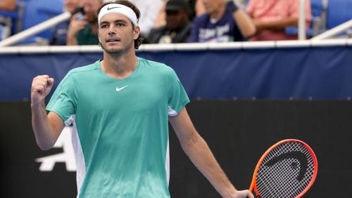 Taylor Fritz reacts after defeating Tommy Paul during the final match at the Delray Beach Open tennis tournament, Monday, Feb. 19, 2024, in Delray Beach, Fla. Taylor Fritz defeated Tommy Paul won 6-2, 6-3.