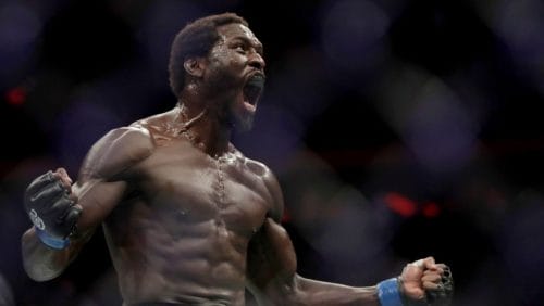 Jared Cannonier reacts after defeating David Branch during the second round of a middleweight mixed martial arts bout.