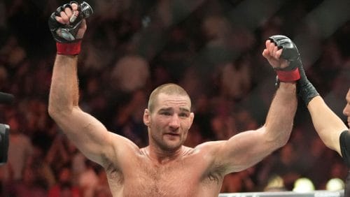 Sean Strickland, left, reacts after defeating Brazil's Paulo Costa in a middleweight bout at the UFC 302 mixed martial arts event.