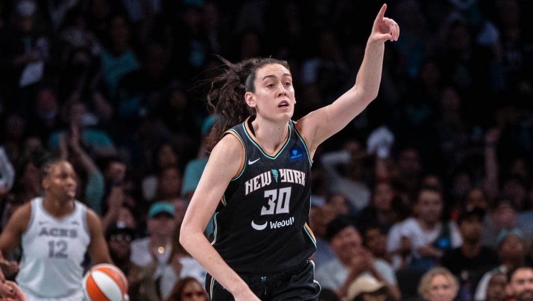 New York Liberty forward Breanna Stewart (30) celebrates a basket during the second half of a WNBA basketball semifinal game against the Las Vegas Aces, Sept. 29, 2024, in New York.