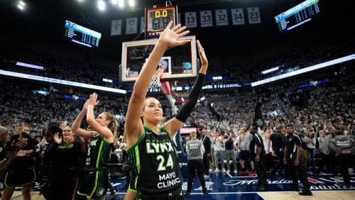 Minnesota Lynx forward Napheesa Collier (24) celebrates their victory over the New York Liberty after Game 4 of a WNBA basketball final playoff series, Friday, Oct. 18, 2024, in Minneapolis. The Lynx won 82-80, forcing a Game 5 in the series.