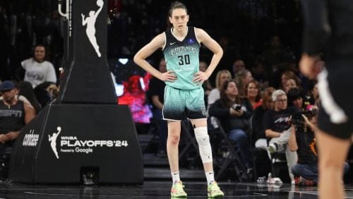 New York Liberty forward Breanna Stewart (30) looks down a WNBA basketball semifinal game against Las Vegas Aces Friday, Oct. 4, 2024, in Las Vegas.