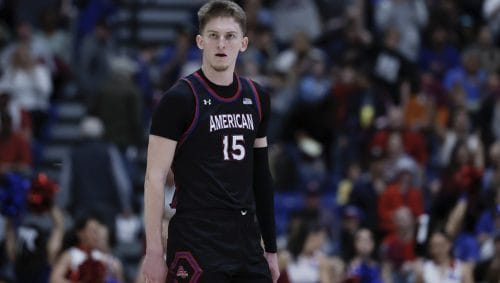 American forward Matt Rogers (15) looks on during an NCAA college basketball game in the championship of the Patriot League tournament against Navy, Wednesday, March 12, 2025, in Washington.