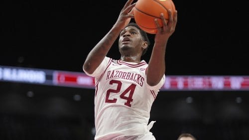 Arkansas forward Billy Richmond III puts up a shot during the first half of an NCAA college basketball game against Illinois, Thursday, Nov. 28, 2024, in Kansas City, Mo.