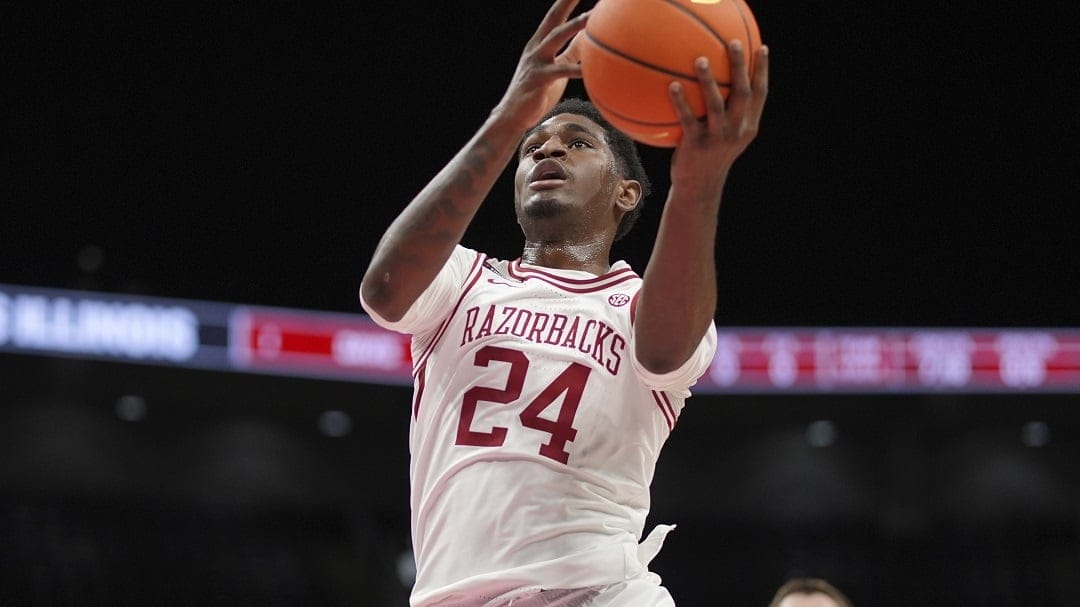 Arkansas forward Billy Richmond III puts up a shot during the first half of an NCAA college basketball game against Illinois, Thursday, Nov. 28, 2024, in Kansas City, Mo.