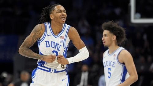 Duke guard Isaiah Evans celebrates after scoring against Georgia Tech during the second half of an NCAA college basketball game in the quarterfinals of the Atlantic Coast Conference tournament, Thursday, March 13, 2025, in Charlotte, N.C.