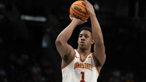 Iowa State's Dishon Jackson (1) shoots during the second half of an NCAA college basketball game against Cincinnati in the second round of the Big 12 Conference tournament, Wednesday, March 12, 2025, in Kansas City, Mo.