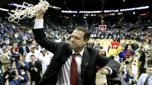 Kansas coach Bill Self celebrates after beating Texas 84-74 to win the championship game of the Big 12 men's basketball tournament in Kansas City, Mo., Sunday, March 16, 2008.