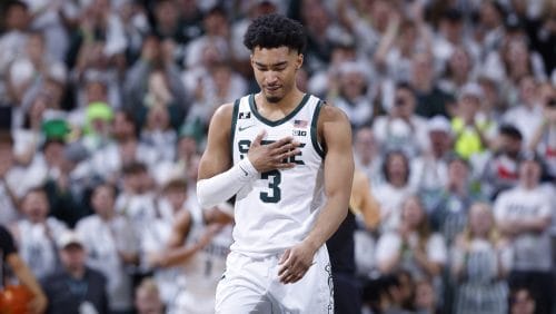 Michigan State guard Jaden Akins (3) reacts as he checks out of the game during an NCAA college basketball game, Sunday, March 9, 2025, in East Lansing, Mich.