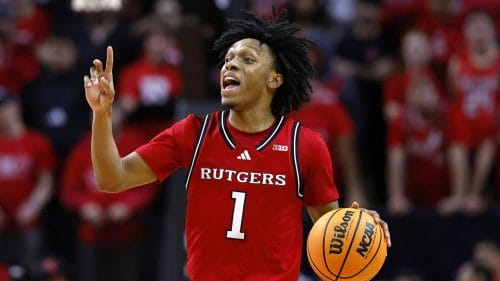 Rutgers guard Jamichael Davis (1) dribbles the ball against Purdue during the second half of an NCAA college basketball game, Thursday, Jan. 9, 2025, in Piscataway, N.J. Purdue won 68-50.