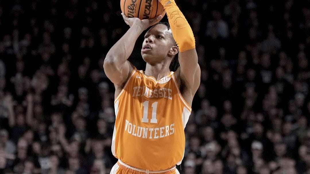 Tennessee guard Jordan Gainey (11) shoots a three point shot against Texas A&M during the second half of an NCAA college basketball game Saturday, Feb. 22, 2025, in College Station, Texas.