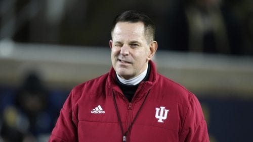 Indiana head coach Curt Cignetti reacts during warmups before the first half in the first round of the College Football Playoff against Notre Dame, Friday, Dec. 20, 2024, in South Bend, Ind.