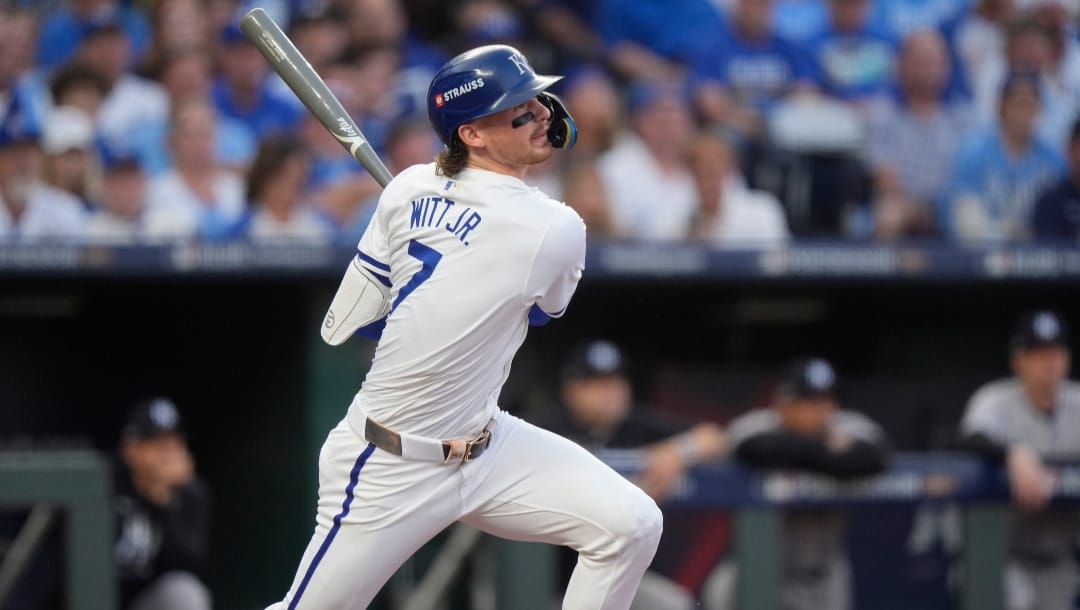 Kansas City Royals shortstop Bobby Witt Jr. flies out during the first inning in Game 3 of an American League Division baseball playoff series against the New York Yankees Wednesday, Oct. 9, 2024, in Kansas City, Mo.