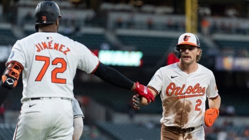 Baltimore Orioles' Gunnar Henderson (2) celebrates with Eloy Jimenez (72) after scoring on a bases-loaded walk brought in by Colton Cowser during the second inning of a baseball game against the Chicago White Sox, Tuesday, Sept. 3, 2024, in Baltimore.