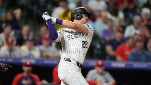 Colorado Rockies left fielder Nolan Jones (22) in sixth inning of a baseball game Wednesday, Sept. 25, 2024, in Denver.
