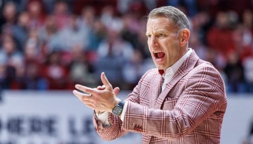 Alabama head coach Nate Oats cheers his team during the first half of an NCAA college basketball game against Florida, Wednesday, March 5, 2025, in Tuscaloosa, Ala. (AP Photo/Vasha Hunt)