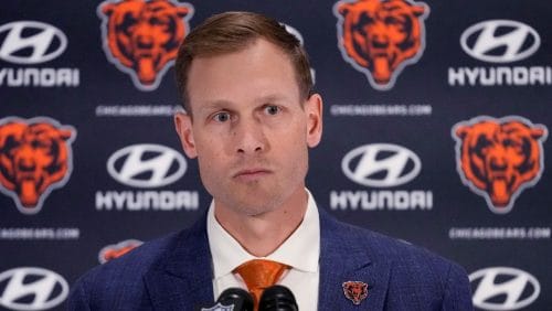 Chicago Bears new coach Ben Johnson listens following his introduction at an NFL football news conference at Halas Hall in Lake Forest, Ill., Wednesday, Jan. 22, 2025.