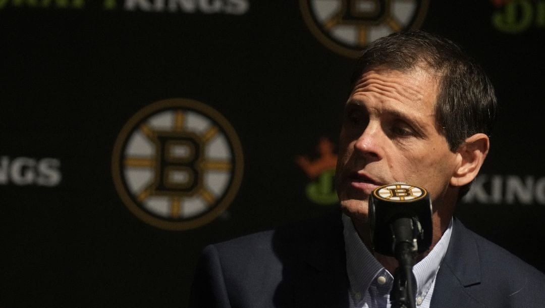 Boston Bruins general manager Don Sweeney answers a reporter's question, Monday, Sept. 30, 2024, in Boston.