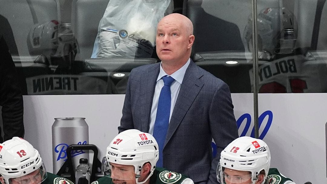 Minnesota Wild head coach John Hynes in the third period of an NHL hockey game Friday, Feb. 28, 2025, in Denver.