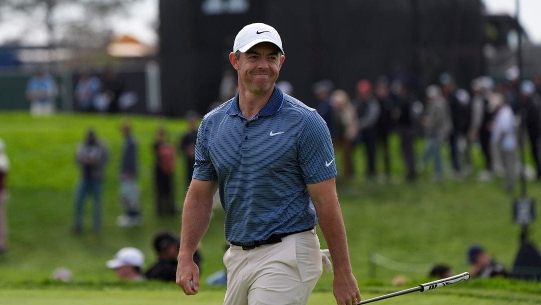 Rory McIlroy, of Northern Ireland, reacts after making a birdie on the 13th hole of the South Course at Torrey Pines during the final round of the Genesis Invitational golf tournament Sunday, Feb. 16, 2025, in San Diego. (