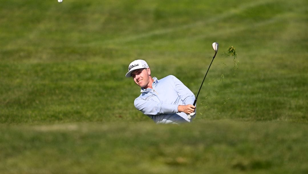 Ryan Gerard hits his second shot on the seventh hole of the North Course at Torrey Pines during the first round of the Farmers Insurance Open golf tournament, Wednesday, Jan. 22, 2025, in San Diego.