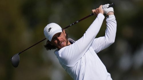 Tommy Fleetwood, of England, hits off the second tee of the South Course at Torrey Pines during the final round of the Genesis Invitational golf tournament Sunday, Feb. 16, 2025, in San Diego.