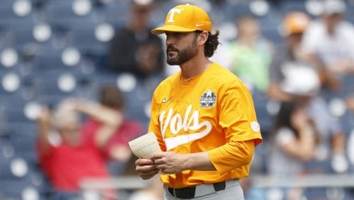 Tennessee head coach Tony Vitello pictured before an NCAA College World Series baseball game against Florida State on Wednesday, June 19, 2024, in Omaha, Neb.
