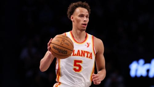 Dyson Daniels #5 of the Atlanta Hawks dribbles during the second half against the Brooklyn Nets at Barclays Center on March 16, 2025 in New York City.