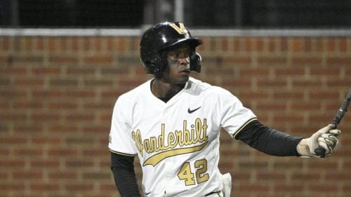 Vanderbilt utility RJ Austin (42) plays Dayton during an NCAA baseball game on Tuesday, April 8, 2025, in Nashville, Tenn.