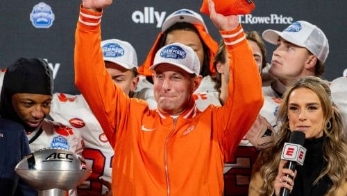 Clemson head coach Dabo Swinney looks on after winning the Atlantic Coast Conference championship NCAA college football game between Clemson and SMU Saturday, Dec. 7, 2024, in Charlotte, N.C. (AP Photo/Jacob Kupferman)