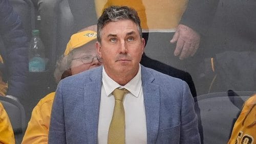 Nashville Predators head coach Andrew Brunette looks up from the bench during the third period of an NHL hockey game against the Ottawa Senators, Feb. 3, 2025, in Nashville, Tenn.
