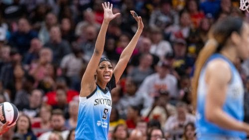 Chicago Sky forward Angel Reese (5) reacts after being called for a foul during a WNBA basketball game against the Indiana Fever Saturday, June 1, 2024, in Indianapolis.